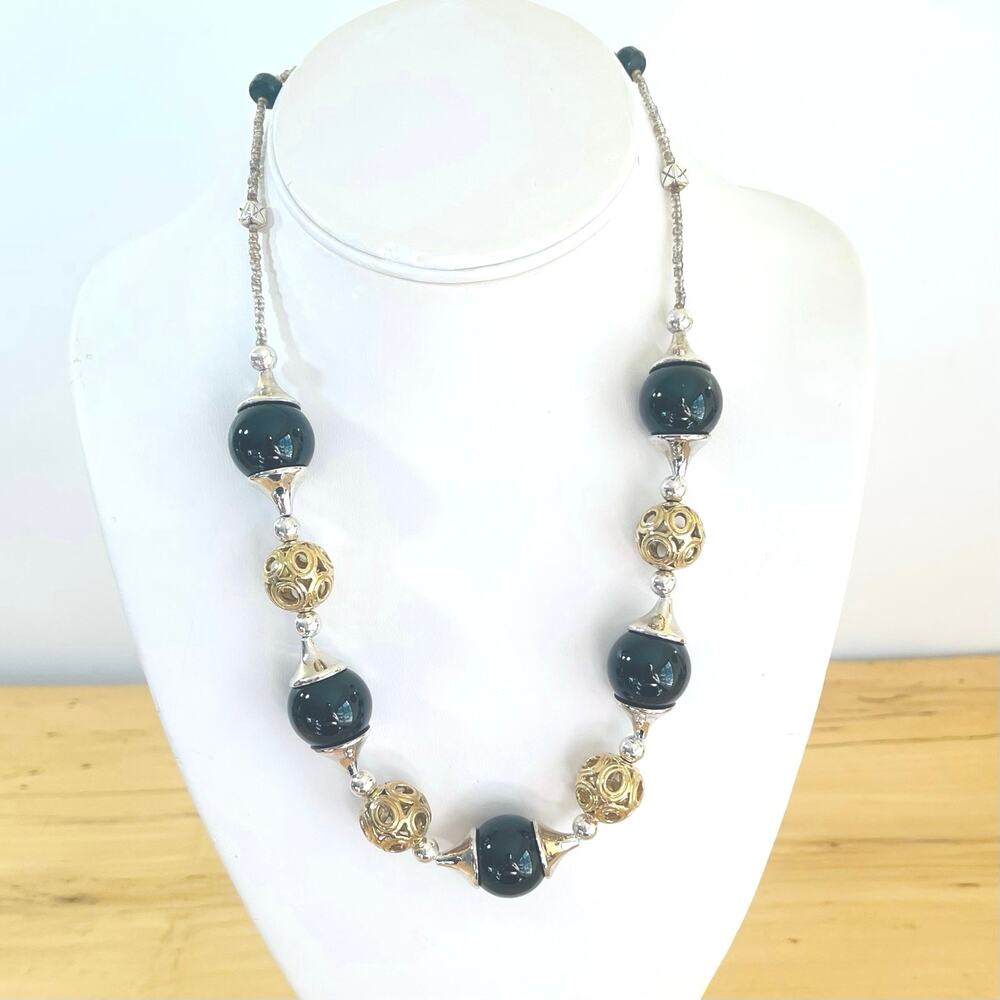 Vtg Artisan Boho Black Glass Beads w/ Sterling Silver Clasp Filigree Chunky